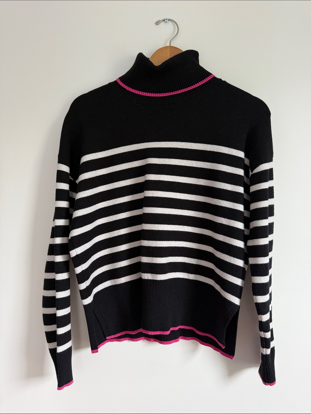 Black & White Striped Turtleneck Sweater with Pink Trim Womens Medium
